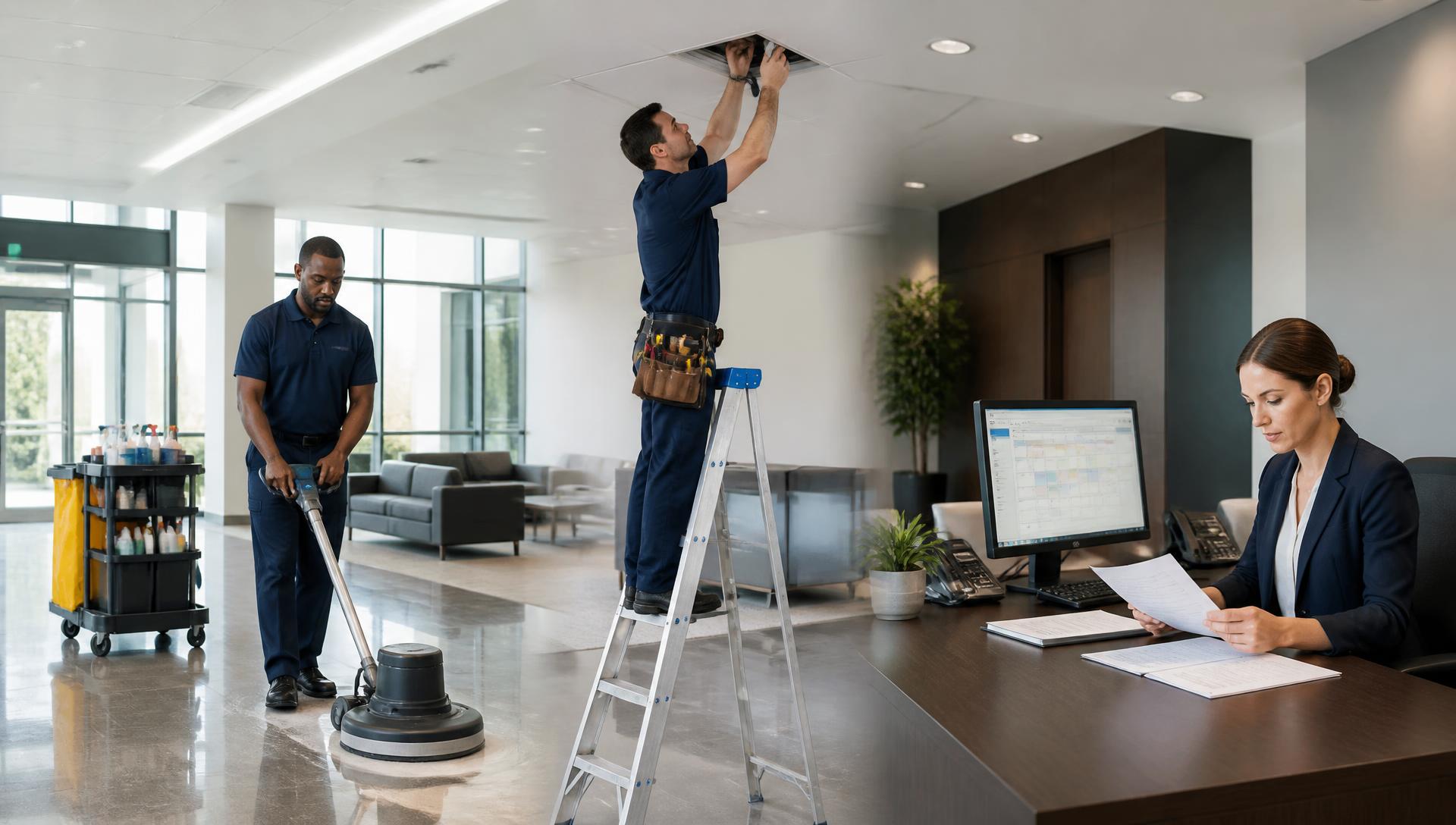 Commercial cleaning professional operating a floor buffer, a maintenance technician repairing a ceiling vent, and an administrative specialist reviewing contract documents in a modern commercial building