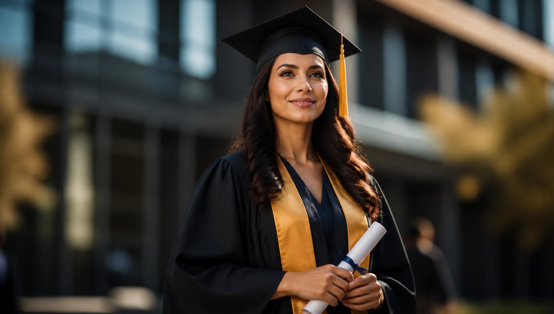 Graduate in cap and gown holding a diploma